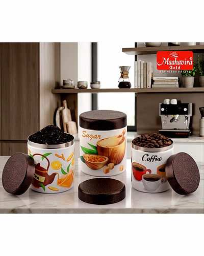 Maahavira Gold Stainless Steel Tea Coffee Sugar Canister Set (3 Pcs) | 3D Printed Kitchen Storage Jars with Copper Finish Lid | Food Grade Airtight Containers-1