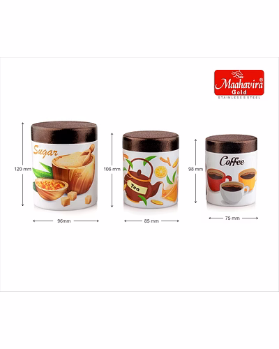Maahavira Gold Stainless Steel Tea Coffee Sugar Canister Set (3 Pcs) | 3D Printed Kitchen Storage Jars with Copper Finish Lid | Food Grade Airtight Containers-2