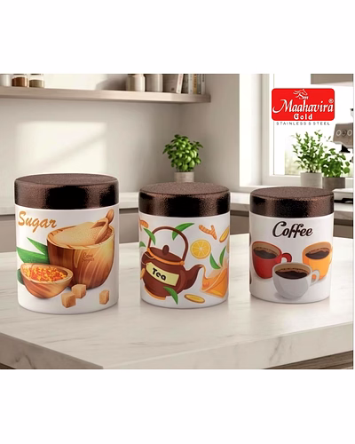 Maahavira Gold Stainless Steel Tea Coffee Sugar Canister Set (3 Pcs) | 3D Printed Kitchen Storage Jars with Copper Finish Lid | Food Grade Airtight Containers-5