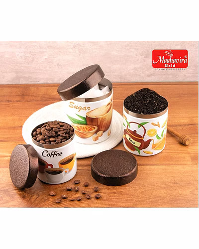 Maahavira Gold Stainless Steel Tea Coffee Sugar Canister Set (3 Pcs) | 3D Printed Kitchen Storage Jars with Copper Finish Lid | Food Grade Airtight Containers-6