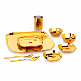 maahavira gold square stainless steel gold coating luxury dinnerware set with 1 full plate, 1 quarter plate, 2 sweet dish, 2 bowls, 1 glass, 1 spoon & 1 fork - set of 9