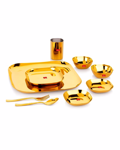 Maahavira Gold Square Stainless Steel Gold Coating Luxury Dinnerware Set with 1 Full Plate, 1 Quarter Plate, 2 Sweet Dish, 2 Bowls, 1 Glass, 1 Spoon &amp; 1 Fork - Set of 9-mg06-01