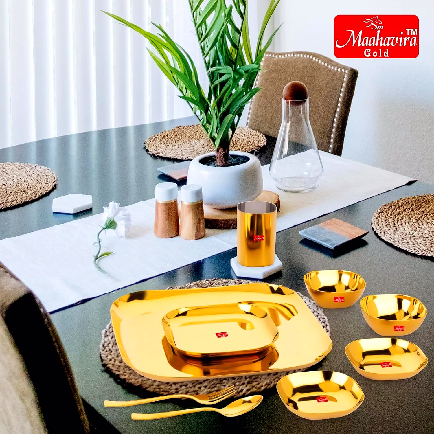 Maahavira Gold Square Stainless Steel Gold Coating Luxury Dinnerware Set with 1 Full Plate, 1 Quarter Plate, 2 Sweet Dish, 2 Bowls, 1 Glass, 1 Spoon & 1 Fork - Set of 9 image 2