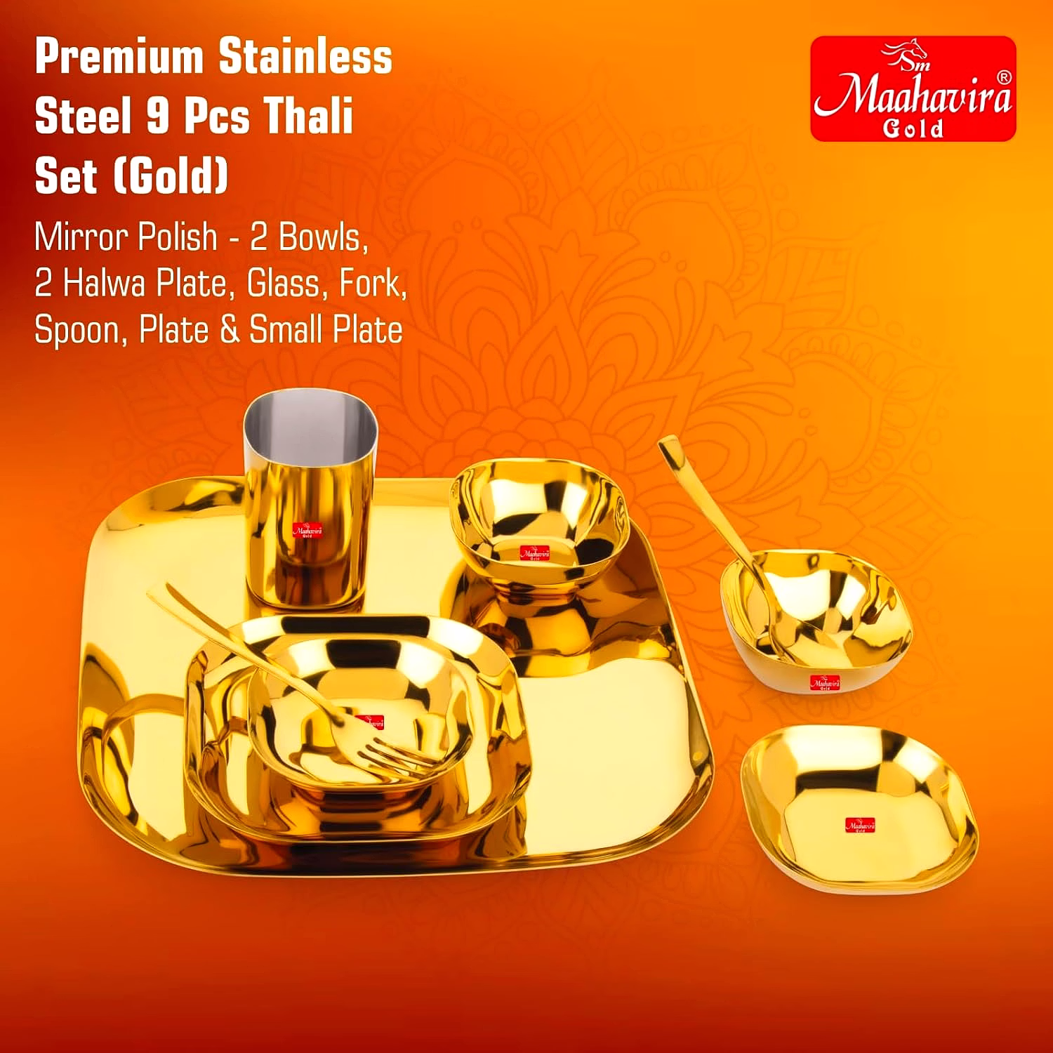 Maahavira Gold Square Stainless Steel Gold Coating Luxury Dinnerware Set with 1 Full Plate, 1 Quarter Plate, 2 Sweet Dish, 2 Bowls, 1 Glass, 1 Spoon & 1 Fork - Set of 9 image 3