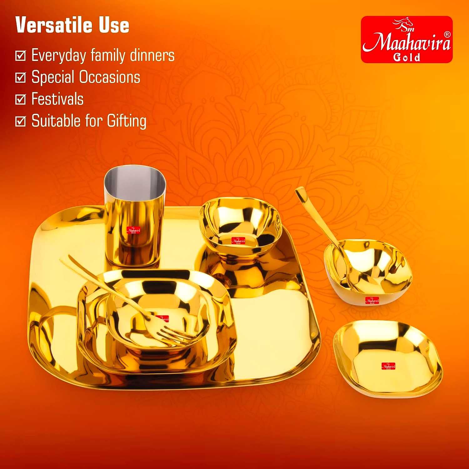 Maahavira Gold Square Stainless Steel Gold Coating Luxury Dinnerware Set with 1 Full Plate, 1 Quarter Plate, 2 Sweet Dish, 2 Bowls, 1 Glass, 1 Spoon & 1 Fork - Set of 9 image 4