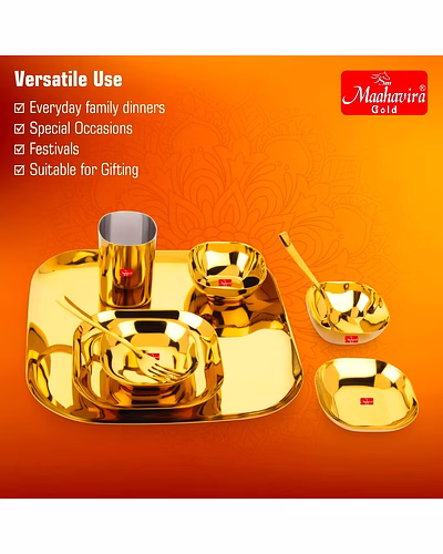 Maahavira Gold Square Stainless Steel Gold Coating Luxury Dinnerware Set with 1 Full Plate, 1 Quarter Plate, 2 Sweet Dish, 2 Bowls, 1 Glass, 1 Spoon &amp; 1 Fork - Set of 9-3