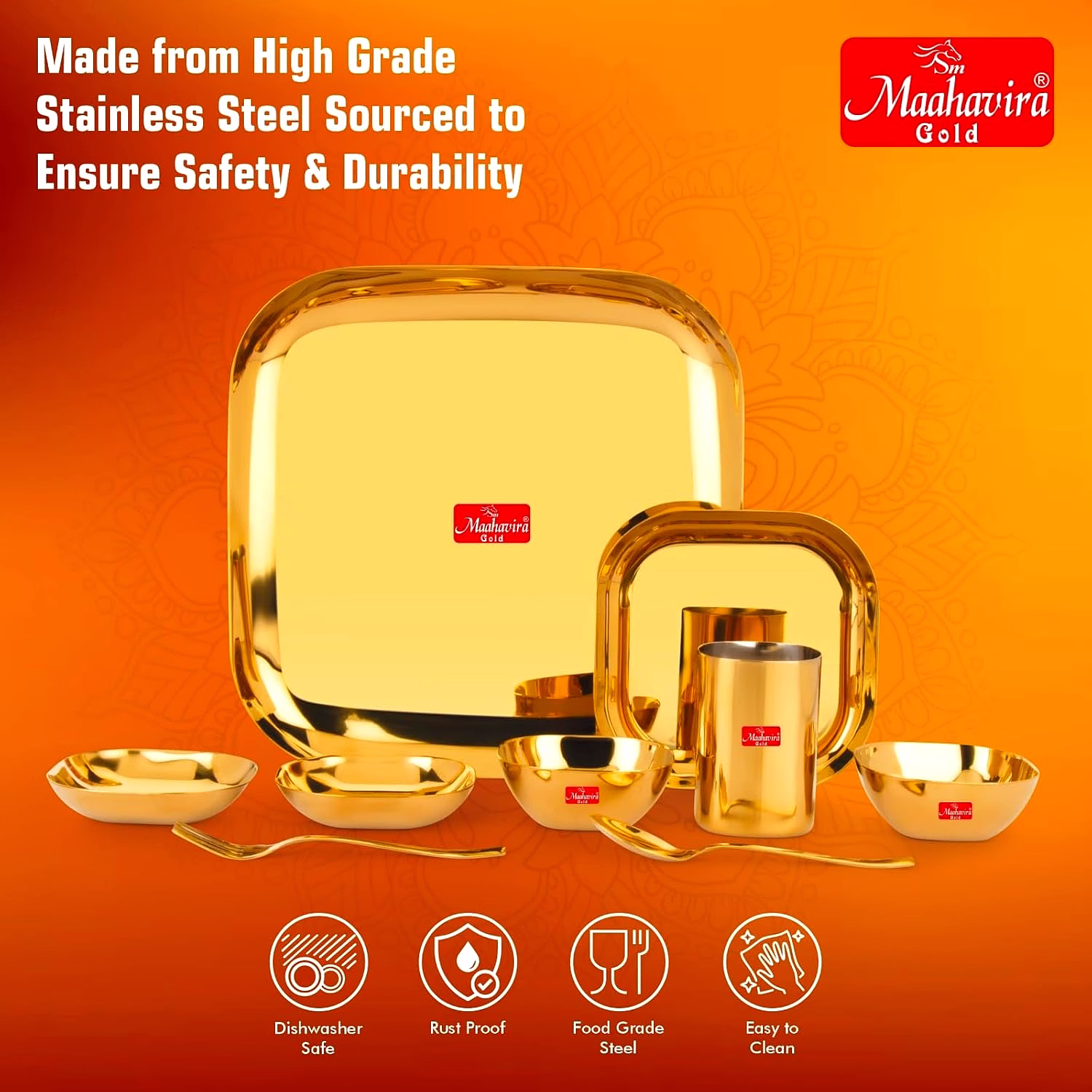 Maahavira Gold Square Stainless Steel Gold Coating Luxury Dinnerware Set with 1 Full Plate, 1 Quarter Plate, 2 Sweet Dish, 2 Bowls, 1 Glass, 1 Spoon & 1 Fork - Set of 9 image 5
