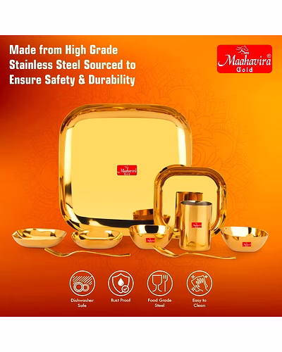 Maahavira Gold Square Stainless Steel Gold Coating Luxury Dinnerware Set with 1 Full Plate, 1 Quarter Plate, 2 Sweet Dish, 2 Bowls, 1 Glass, 1 Spoon &amp; 1 Fork - Set of 9-4