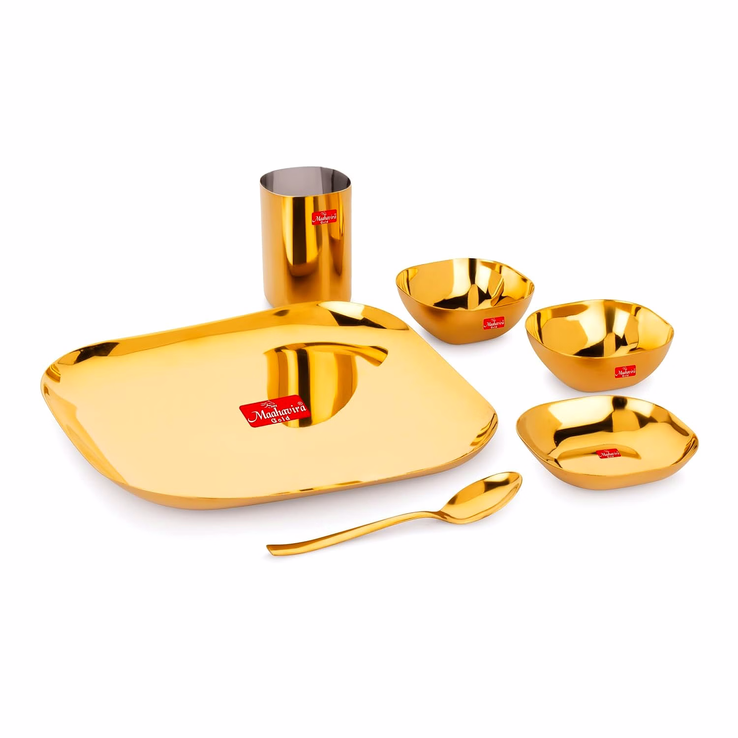 maahavira gold square stainless steel gold coating luxury dinnerware set with 1 full plate, 1 sweet dish, 2 bowls, 1 glass & 1 spoon - set of 6