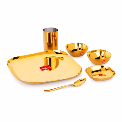 maahavira gold square stainless steel gold coating luxury dinnerware set with 1 full plate, 1 sweet dish, 2 bowls, 1 glass & 1 spoon - set of 6