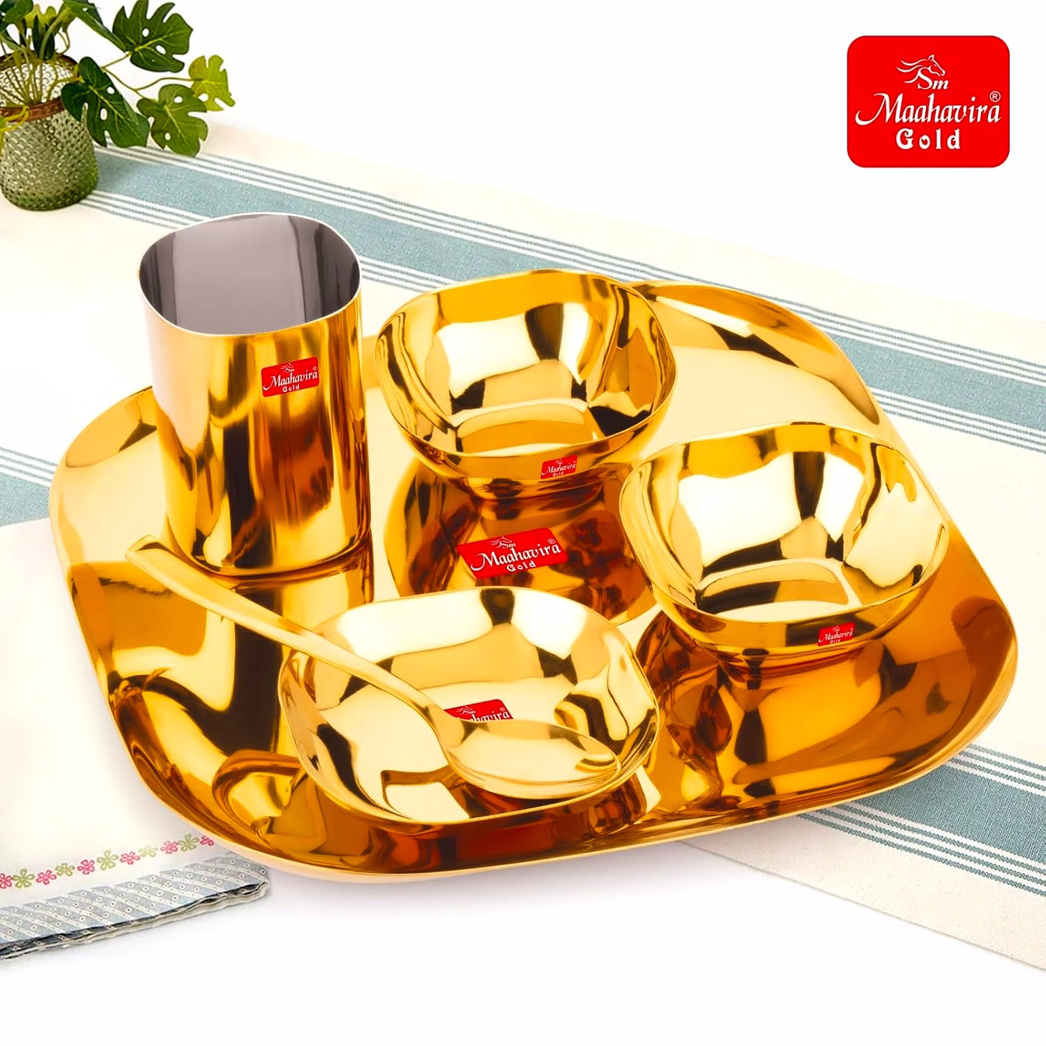Maahavira Gold Square Stainless Steel Gold Coating Luxury Dinnerware Set with 1 Full Plate, 1 Sweet Dish, 2 Bowls, 1 Glass & 1 Spoon - Set of 6 image 2