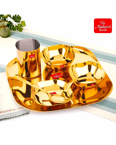 Maahavira Gold Square Stainless Steel Gold Coating Luxury Dinnerware Set with 1 Full Plate, 1 Sweet Dish, 2 Bowls, 1 Glass &amp; 1 Spoon - Set of 6-1