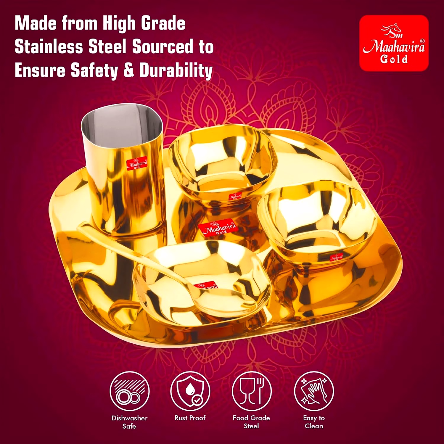 Maahavira Gold Square Stainless Steel Gold Coating Luxury Dinnerware Set with 1 Full Plate, 1 Sweet Dish, 2 Bowls, 1 Glass & 1 Spoon - Set of 6 image 3