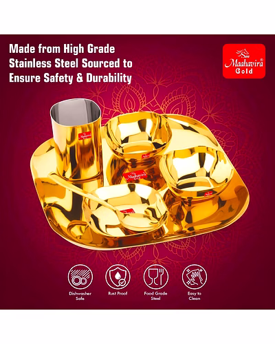 Maahavira Gold Square Stainless Steel Gold Coating Luxury Dinnerware Set with 1 Full Plate, 1 Sweet Dish, 2 Bowls, 1 Glass &amp; 1 Spoon - Set of 6-2
