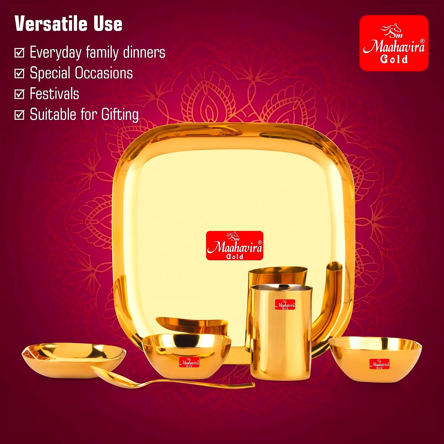 Maahavira Gold Square Stainless Steel Gold Coating Luxury Dinnerware Set with 1 Full Plate, 1 Sweet Dish, 2 Bowls, 1 Glass & 1 Spoon - Set of 6 image 4