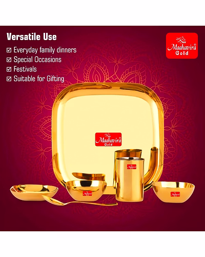 Maahavira Gold Square Stainless Steel Gold Coating Luxury Dinnerware Set with 1 Full Plate, 1 Sweet Dish, 2 Bowls, 1 Glass &amp; 1 Spoon - Set of 6-3