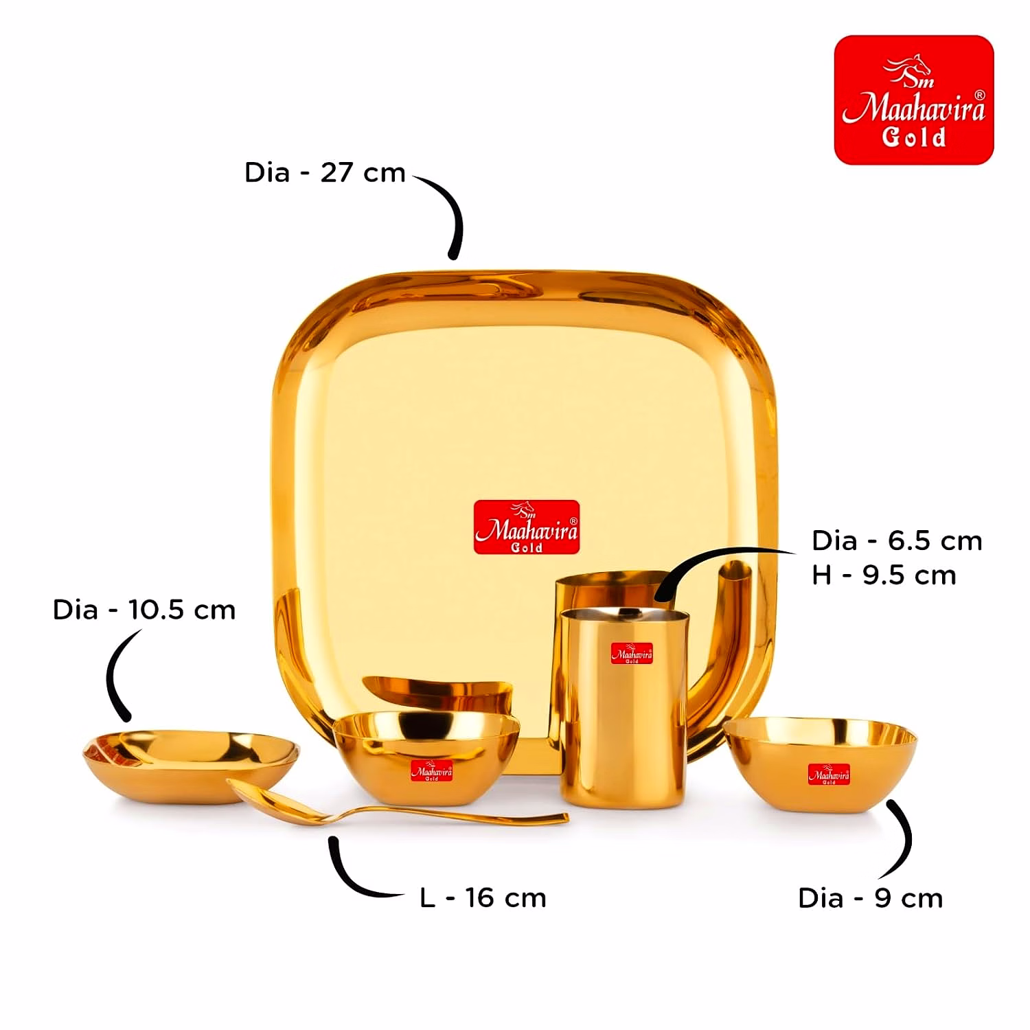 Maahavira Gold Square Stainless Steel Gold Coating Luxury Dinnerware Set with 1 Full Plate, 1 Sweet Dish, 2 Bowls, 1 Glass & 1 Spoon - Set of 6 image 5