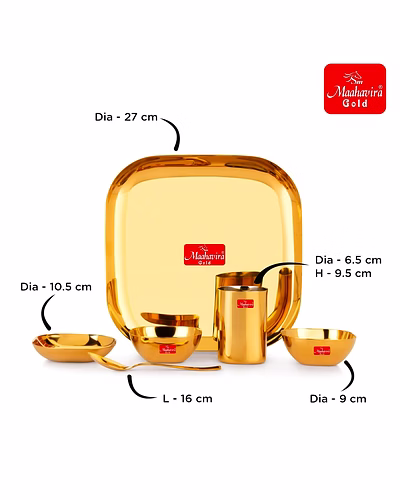 Maahavira Gold Square Stainless Steel Gold Coating Luxury Dinnerware Set with 1 Full Plate, 1 Sweet Dish, 2 Bowls, 1 Glass &amp; 1 Spoon - Set of 6-4