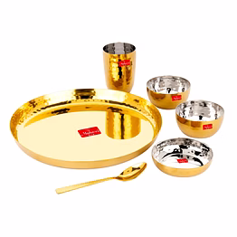 maahavira gold square stainless steel gold maahavira gold coating luxury dinnerware set with 1 full plate, 1 sweet dish, 2 bowls, 1 glass & 1 spoon - set of 6