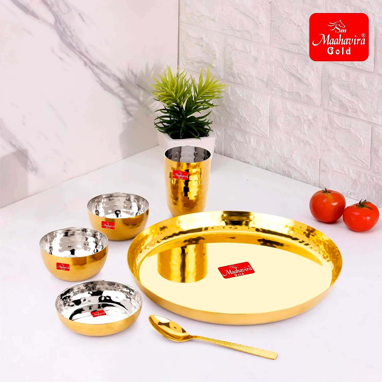 Maahavira Gold Square Stainless Steel Gold Maahavira Gold Coating Luxury Dinnerware Set with 1 Full Plate, 1 Sweet Dish, 2 Bowls, 1 Glass & 1 Spoon - Set of 6 image 2