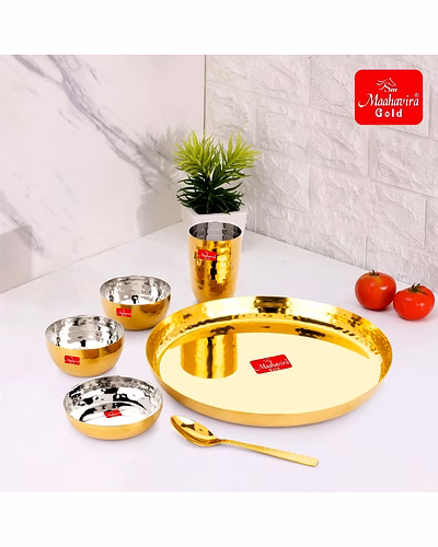 Maahavira Gold Square Stainless Steel Gold Maahavira Gold Coating Luxury Dinnerware Set with 1 Full Plate, 1 Sweet Dish, 2 Bowls, 1 Glass &amp; 1 Spoon - Set of 6-1