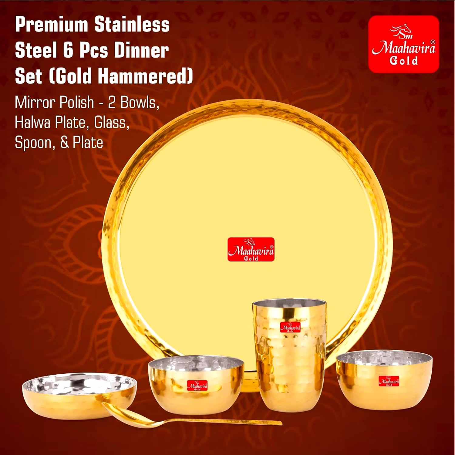 Maahavira Gold Square Stainless Steel Gold Maahavira Gold Coating Luxury Dinnerware Set with 1 Full Plate, 1 Sweet Dish, 2 Bowls, 1 Glass & 1 Spoon - Set of 6 image 3
