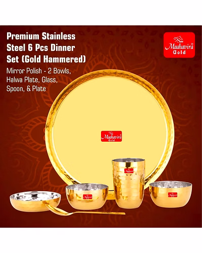 Maahavira Gold Square Stainless Steel Gold Maahavira Gold Coating Luxury Dinnerware Set with 1 Full Plate, 1 Sweet Dish, 2 Bowls, 1 Glass &amp; 1 Spoon - Set of 6-2