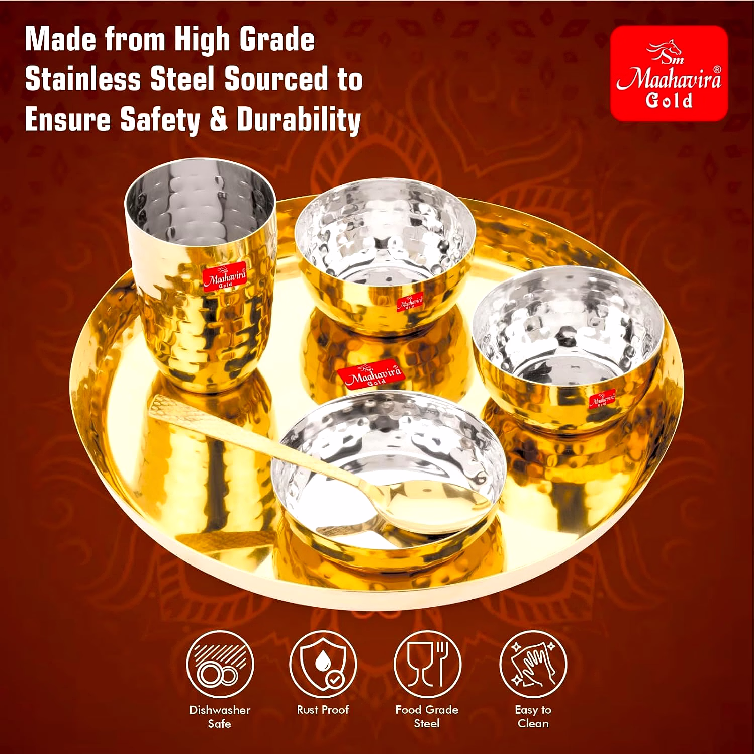 Maahavira Gold Square Stainless Steel Gold Maahavira Gold Coating Luxury Dinnerware Set with 1 Full Plate, 1 Sweet Dish, 2 Bowls, 1 Glass & 1 Spoon - Set of 6 image 4