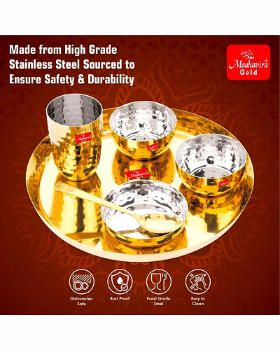 Maahavira Gold Square Stainless Steel Gold Maahavira Gold Coating Luxury Dinnerware Set with 1 Full Plate, 1 Sweet Dish, 2 Bowls, 1 Glass &amp; 1 Spoon - Set of 6-3