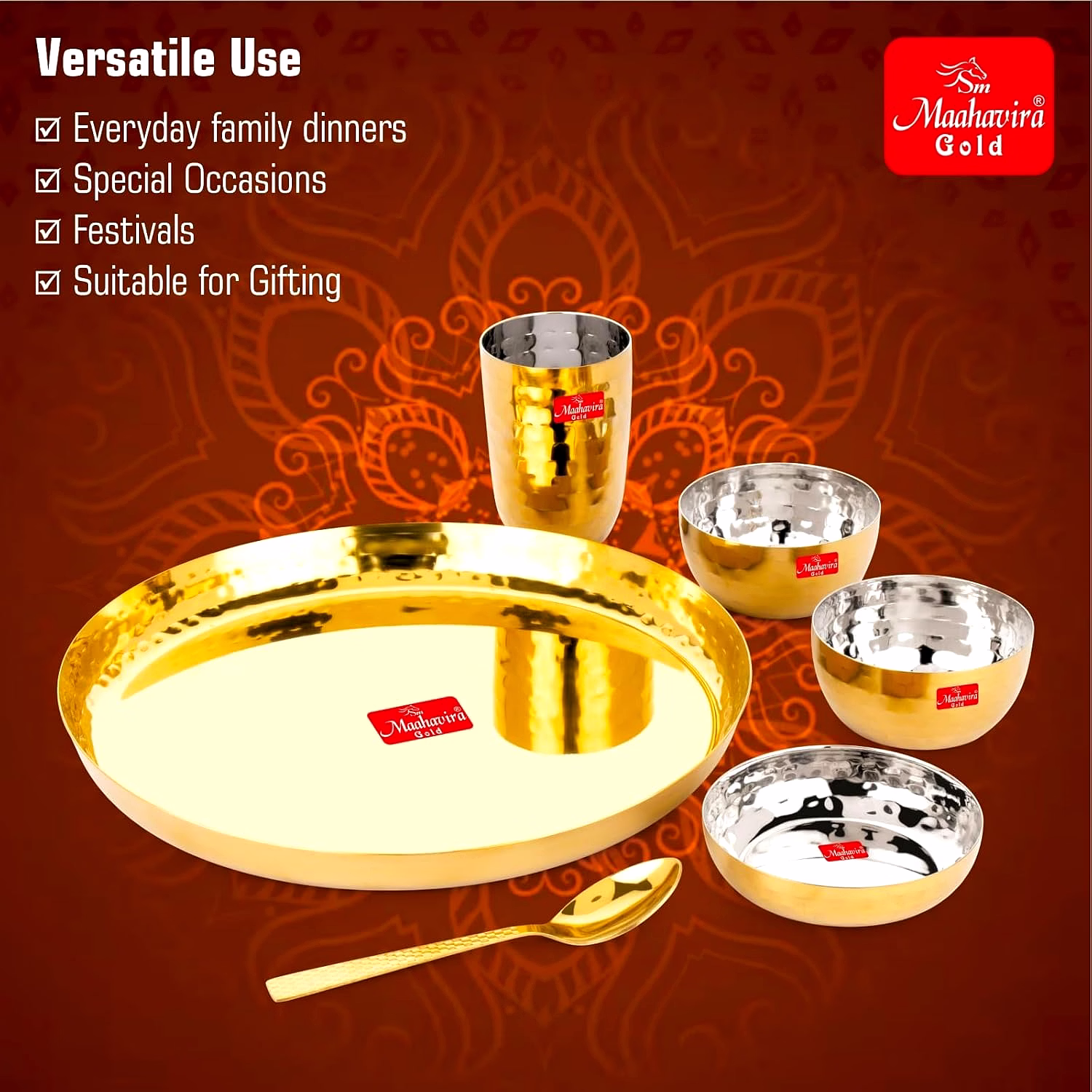 Maahavira Gold Square Stainless Steel Gold Maahavira Gold Coating Luxury Dinnerware Set with 1 Full Plate, 1 Sweet Dish, 2 Bowls, 1 Glass & 1 Spoon - Set of 6 image 5