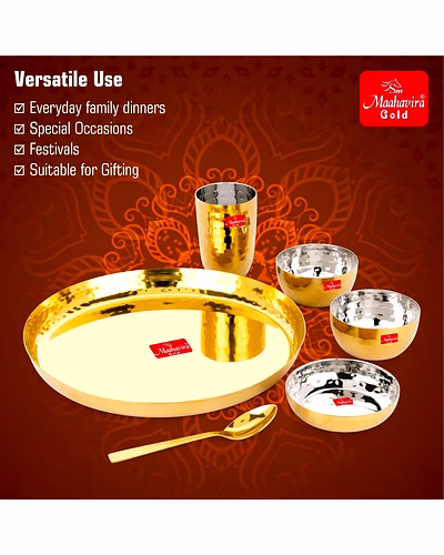 Maahavira Gold Square Stainless Steel Gold Maahavira Gold Coating Luxury Dinnerware Set with 1 Full Plate, 1 Sweet Dish, 2 Bowls, 1 Glass &amp; 1 Spoon - Set of 6-4
