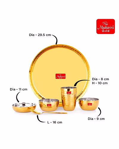 Maahavira Gold Square Stainless Steel Gold Maahavira Gold Coating Luxury Dinnerware Set with 1 Full Plate, 1 Sweet Dish, 2 Bowls, 1 Glass &amp; 1 Spoon - Set of 6-5
