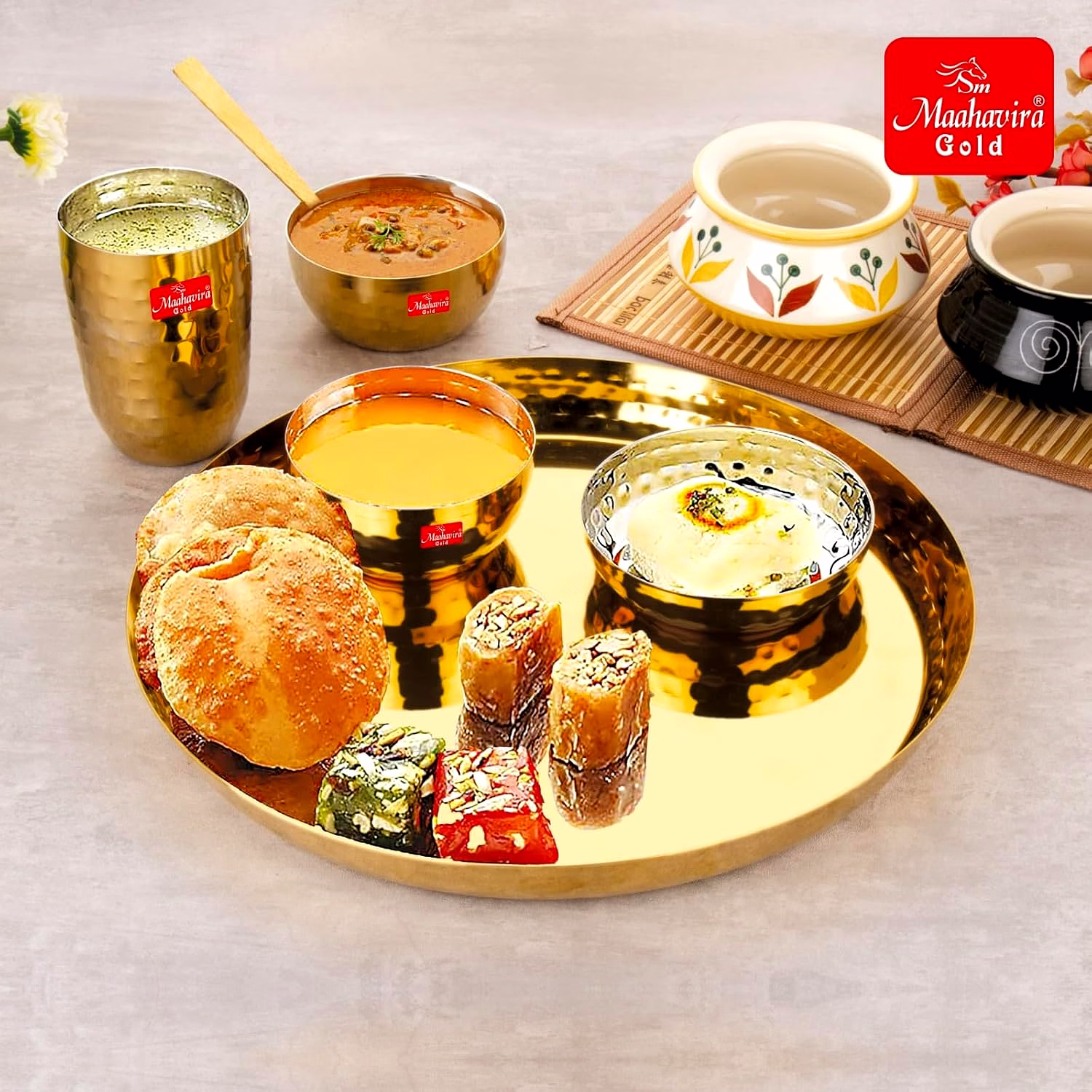 Maahavira Gold Square Stainless Steel Gold Maahavira Gold Coating Luxury Dinnerware Set with 1 Full Plate, 1 Sweet Dish, 2 Bowls, 1 Glass & 1 Spoon - Set of 6 image 7