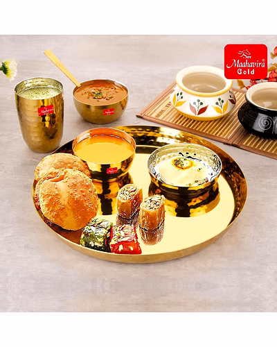 Maahavira Gold Square Stainless Steel Gold Maahavira Gold Coating Luxury Dinnerware Set with 1 Full Plate, 1 Sweet Dish, 2 Bowls, 1 Glass &amp; 1 Spoon - Set of 6-6