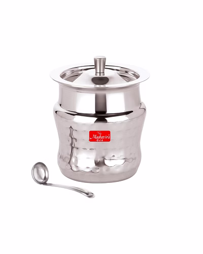 Maahavira Gold Coil Duster Stainless Steel Ghee Pot with Spoon, Oil Pot, Multipurpose Container, Leak &amp; Drip Proof for Kitchen &amp; Dining - 250ml-SJMT-DStr-Ghpt-201