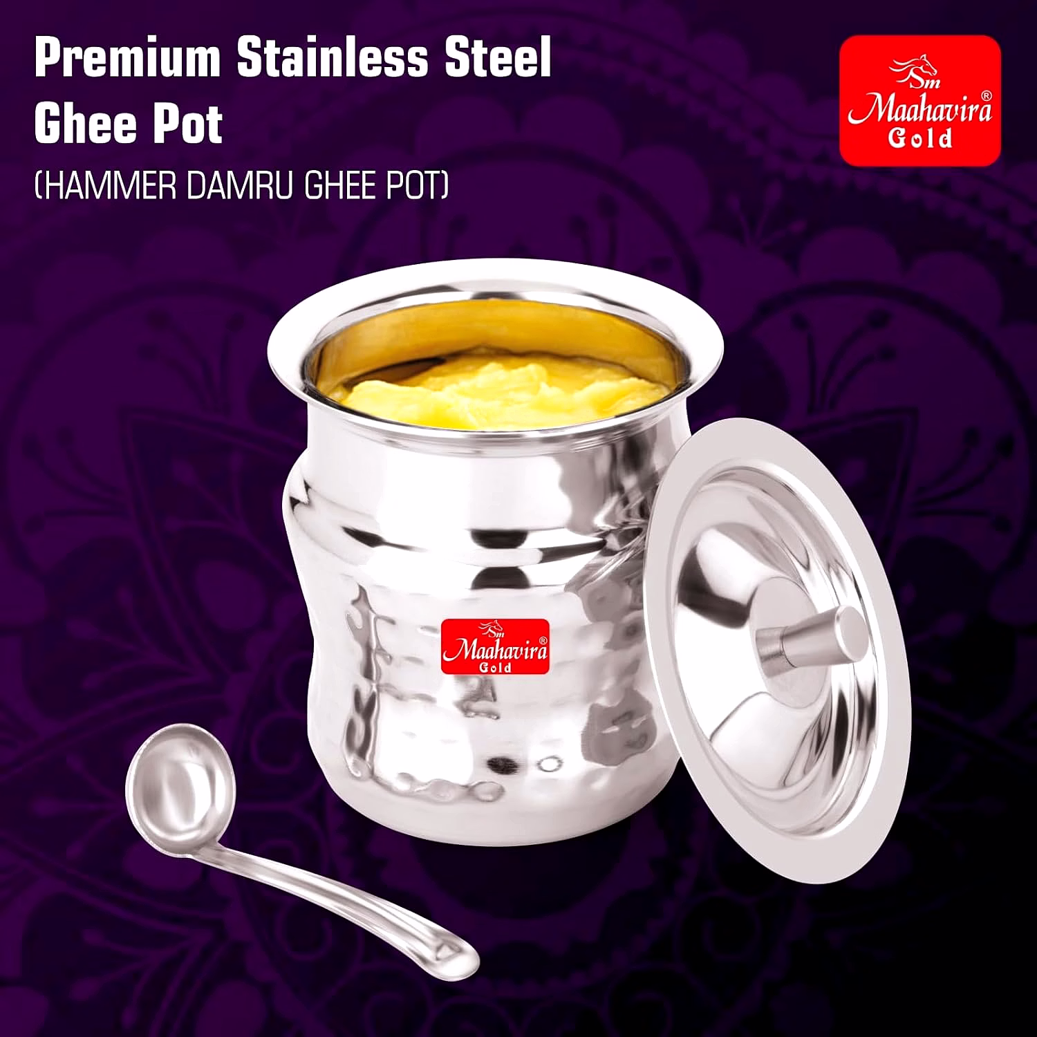 Maahavira Gold Coil Duster Stainless Steel Ghee Pot with Spoon, Oil Pot, Multipurpose Container, Leak & Drip Proof for Kitchen & Dining - 250ml image 3
