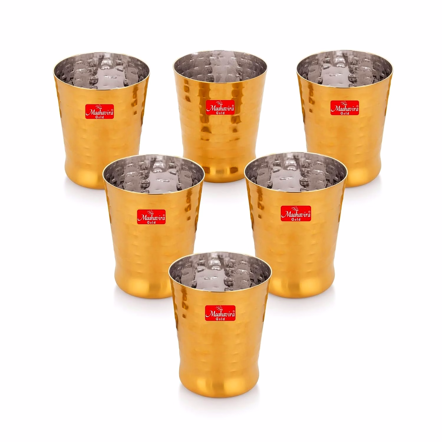 maahavira gold iconic spice gold coating finish hammered glasses ideal for water, juice, hot-cold drinks, cocktail, milkshake, smoothie, home, party, restaurant, gifting, 300 ml - set of 6