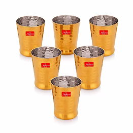 maahavira gold iconic spice gold coating finish hammered glasses ideal for water, juice, hot-cold drinks, cocktail, milkshake, smoothie, home, party, restaurant, gifting, 300 ml - set of 6