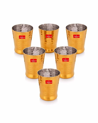 Maahavira Gold Iconic Spice Gold Coating Finish Hammered Glasses Ideal for Water, Juice, Hot-Cold Drinks, Cocktail, Milkshake, Smoothie, Home, Party, Restaurant, Gifting, 300 ml - Set of 6-SJMT-SPIC-GLS-602