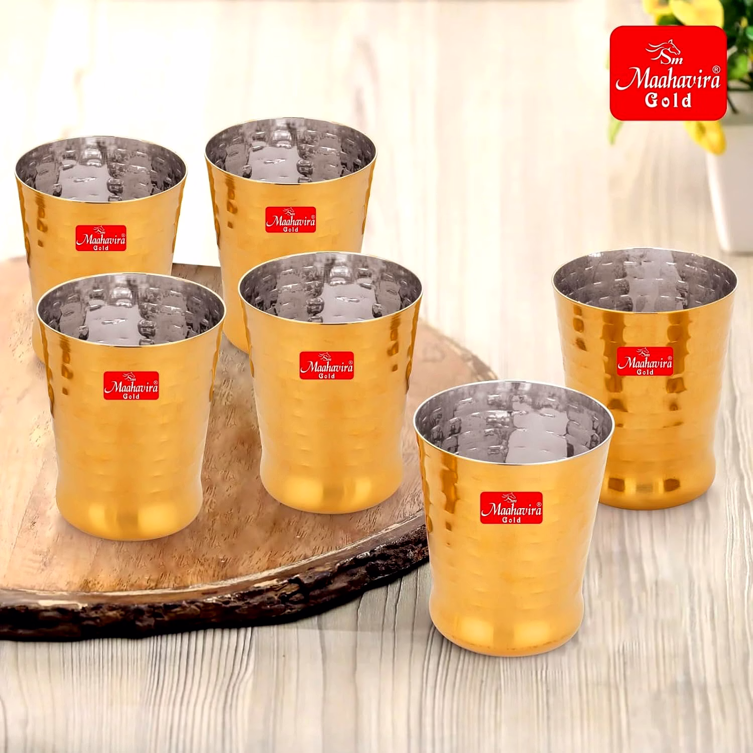 Maahavira Gold Iconic Spice Gold Coating Finish Hammered Glasses Ideal for Water, Juice, Hot-Cold Drinks, Cocktail, Milkshake, Smoothie, Home, Party, Restaurant, Gifting, 300 ml - Set of 6 image 2