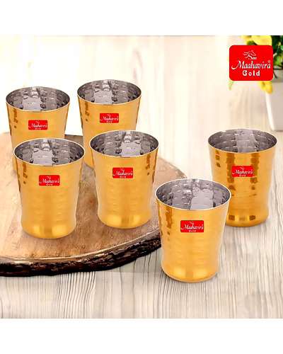 Maahavira Gold Iconic Spice Gold Coating Finish Hammered Glasses Ideal for Water, Juice, Hot-Cold Drinks, Cocktail, Milkshake, Smoothie, Home, Party, Restaurant, Gifting, 300 ml - Set of 6-1
