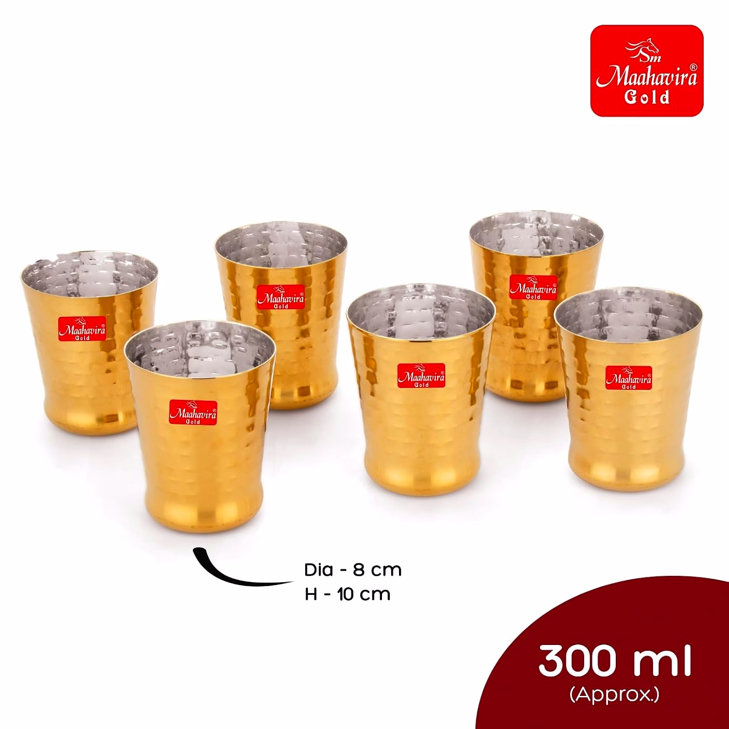 Maahavira Gold Iconic Spice Gold Coating Finish Hammered Glasses Ideal for Water, Juice, Hot-Cold Drinks, Cocktail, Milkshake, Smoothie, Home, Party, Restaurant, Gifting, 300 ml - Set of 6 image 3
