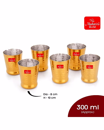 Maahavira Gold Iconic Spice Gold Coating Finish Hammered Glasses Ideal for Water, Juice, Hot-Cold Drinks, Cocktail, Milkshake, Smoothie, Home, Party, Restaurant, Gifting, 300 ml - Set of 6-2