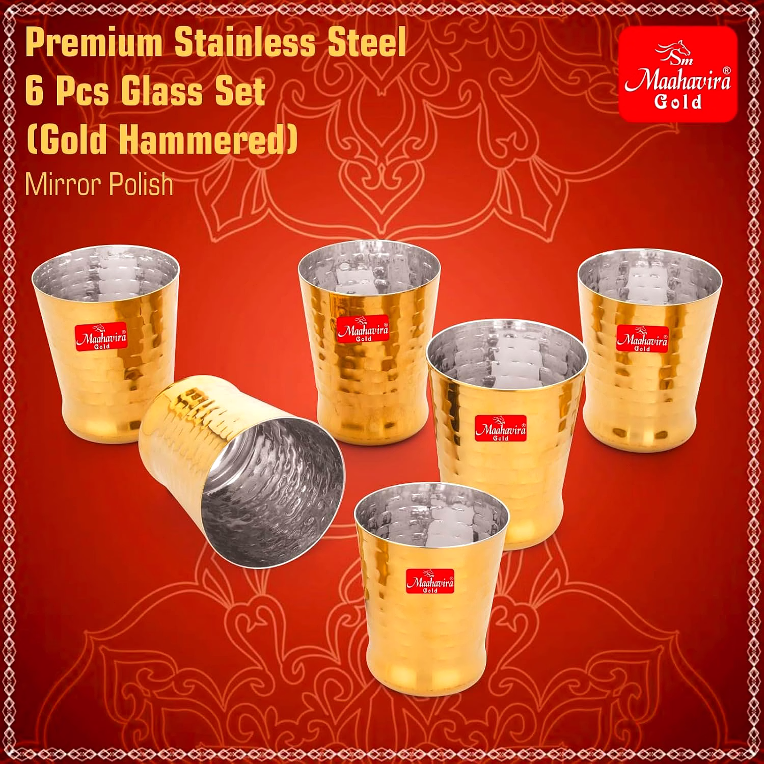 Maahavira Gold Iconic Spice Gold Coating Finish Hammered Glasses Ideal for Water, Juice, Hot-Cold Drinks, Cocktail, Milkshake, Smoothie, Home, Party, Restaurant, Gifting, 300 ml - Set of 6 image 4