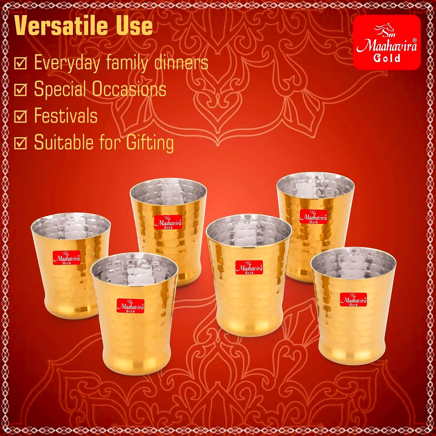 Maahavira Gold Iconic Spice Gold Coating Finish Hammered Glasses Ideal for Water, Juice, Hot-Cold Drinks, Cocktail, Milkshake, Smoothie, Home, Party, Restaurant, Gifting, 300 ml - Set of 6 image 5
