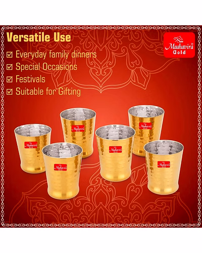 Maahavira Gold Iconic Spice Gold Coating Finish Hammered Glasses Ideal for Water, Juice, Hot-Cold Drinks, Cocktail, Milkshake, Smoothie, Home, Party, Restaurant, Gifting, 300 ml - Set of 6-4