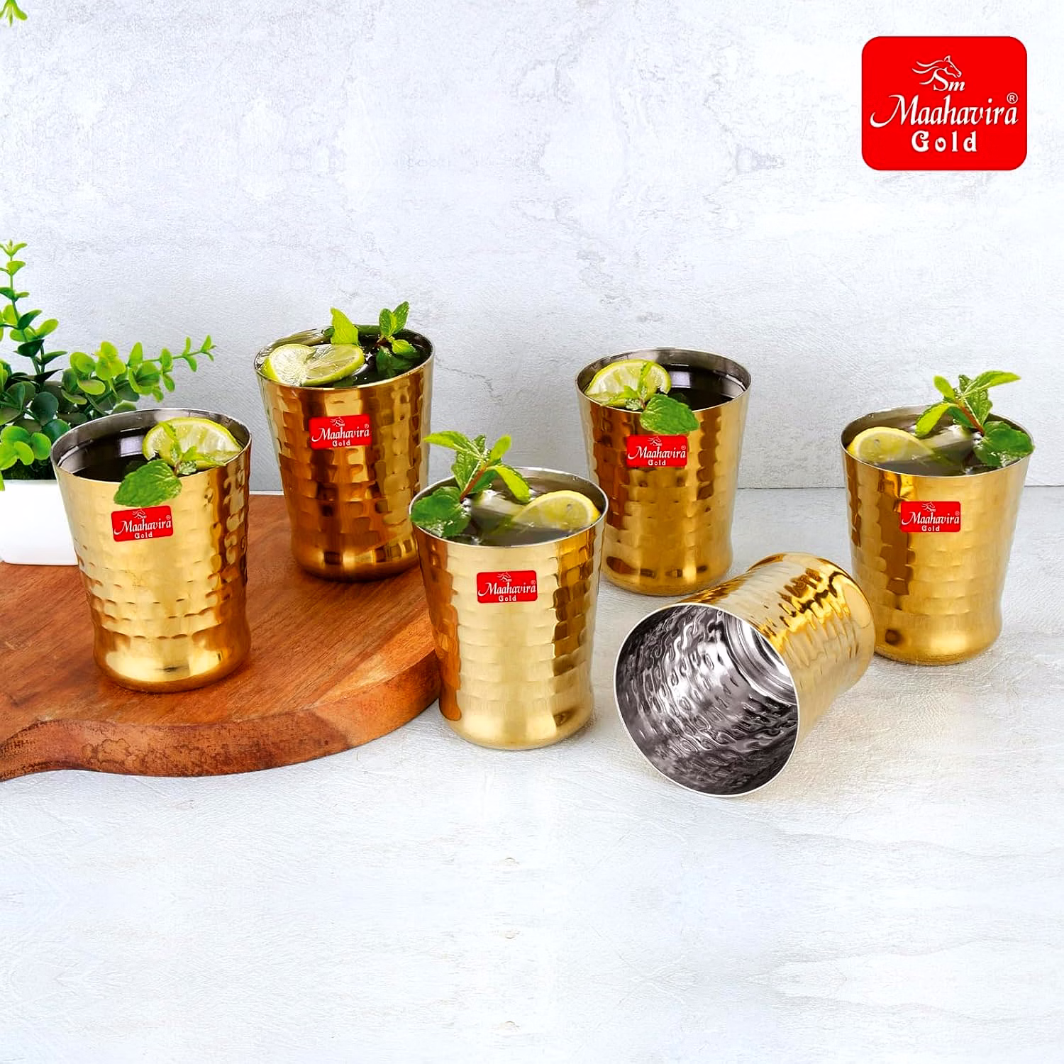 Maahavira Gold Iconic Spice Gold Coating Finish Hammered Glasses Ideal for Water, Juice, Hot-Cold Drinks, Cocktail, Milkshake, Smoothie, Home, Party, Restaurant, Gifting, 300 ml - Set of 6 image 6