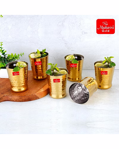 Maahavira Gold Iconic Spice Gold Coating Finish Hammered Glasses Ideal for Water, Juice, Hot-Cold Drinks, Cocktail, Milkshake, Smoothie, Home, Party, Restaurant, Gifting, 300 ml - Set of 6-5