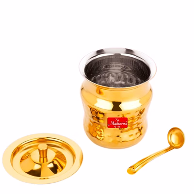 maahavira gold coil duster stainless steel gold coating ghee pot with spoon, oil pot, multipurpose container, leak & drip proof for kitchen & dining - 250ml
