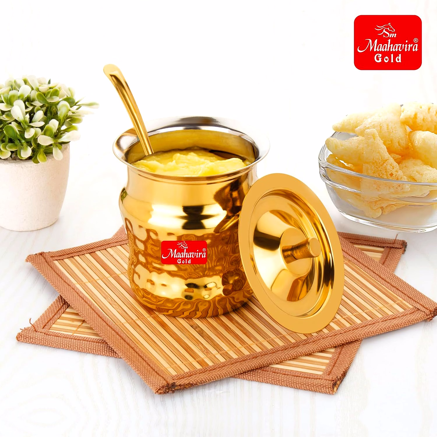 Maahavira Gold Coil Duster Stainless Steel Gold Coating Ghee Pot with Spoon, Oil Pot, Multipurpose Container, Leak & Drip Proof for Kitchen & Dining - 250ml image 2